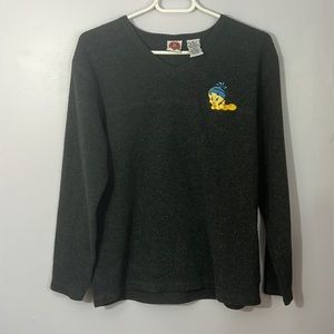 Tweety Bird embroidered v necked, long sleeved pullover top.  Gray